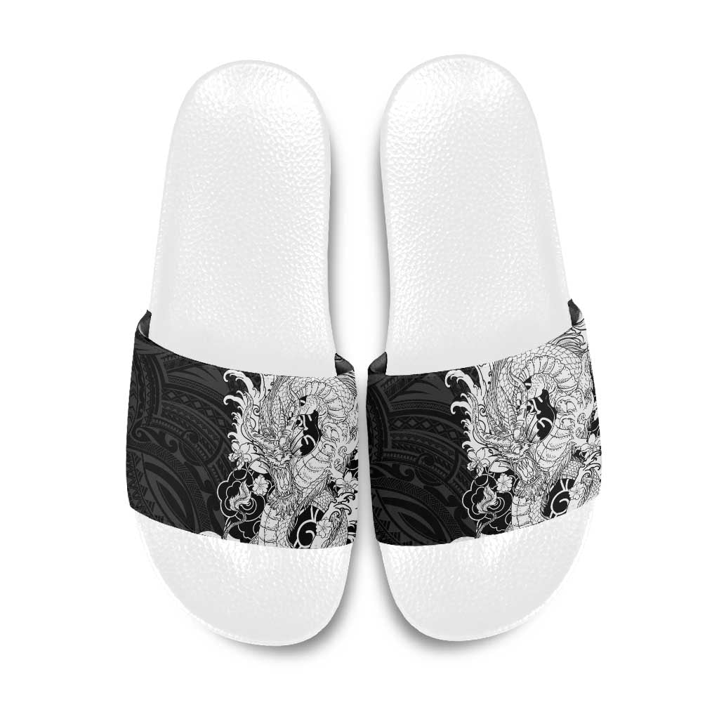 Hawaiian And Japanese Culture Slide Sandals Irezumi Dragon With Polynesian Pattern Black LT05 Black - Polynesian Pride