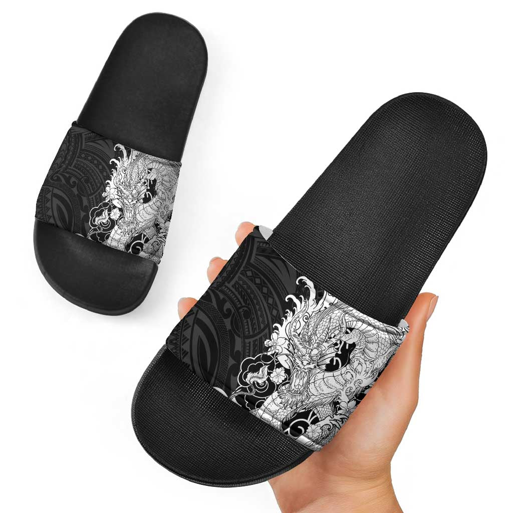Hawaiian And Japanese Culture Slide Sandals Irezumi Dragon With Polynesian Pattern Black LT05 - Polynesian Pride