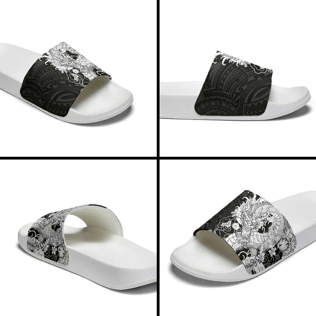 Hawaiian And Japanese Culture Slide Sandals Irezumi Dragon With Polynesian Pattern Black LT05 - Polynesian Pride