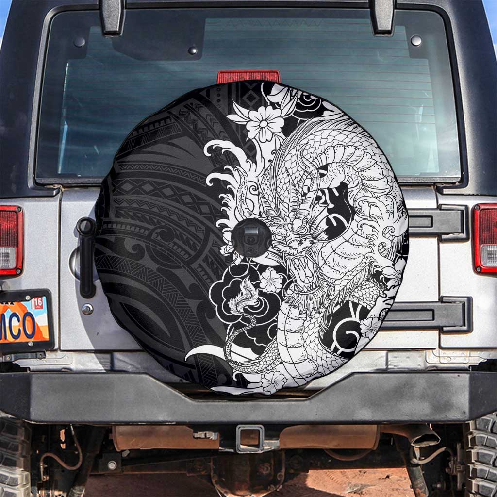 Hawaiian And Japanese Culture Spare Tire Cover Irezumi Dragon With Polynesian Pattern Black LT05 Black - Polynesian Pride