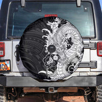 Hawaiian And Japanese Culture Spare Tire Cover Irezumi Dragon With Polynesian Pattern Black LT05 Black - Polynesian Pride