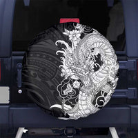 Hawaiian And Japanese Culture Spare Tire Cover Irezumi Dragon With Polynesian Pattern Black LT05 No hole Black - Polynesian Pride