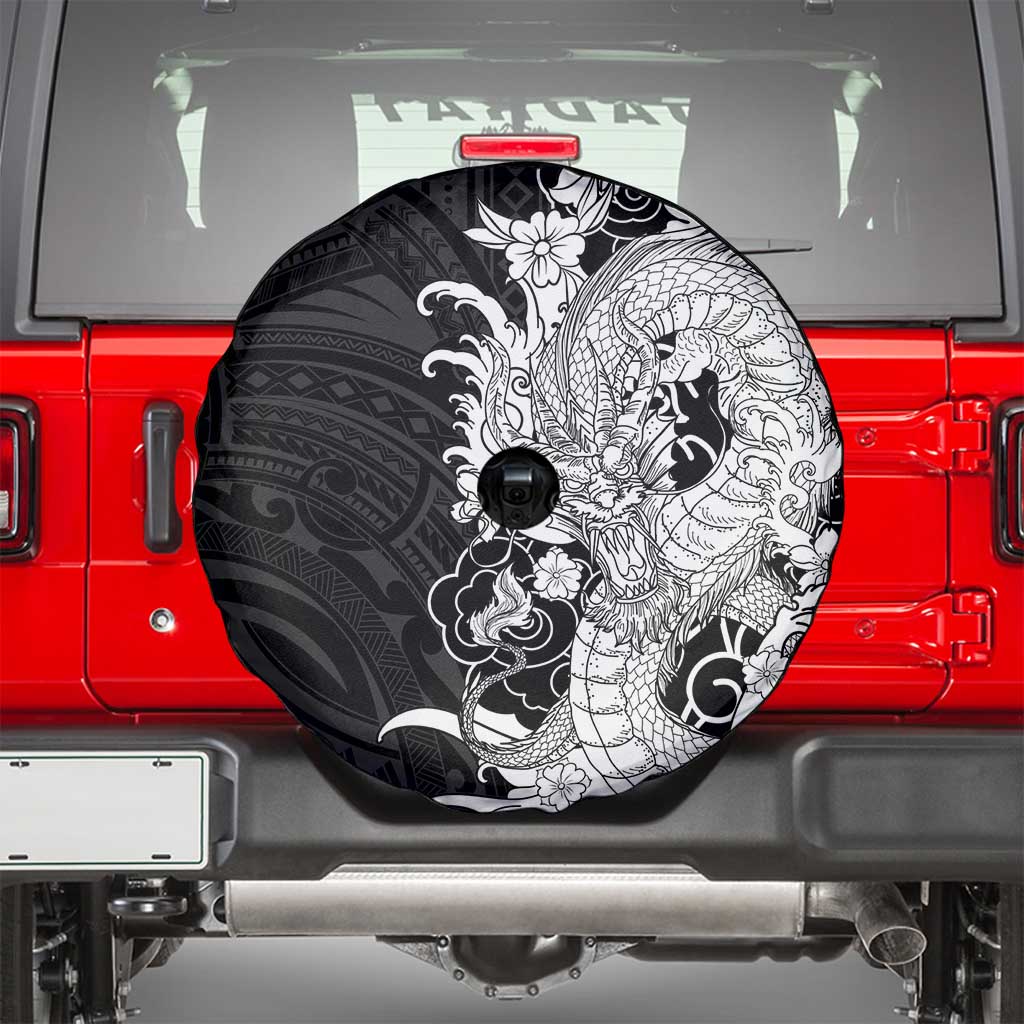 Hawaiian And Japanese Culture Spare Tire Cover Irezumi Dragon With Polynesian Pattern Black LT05 - Polynesian Pride
