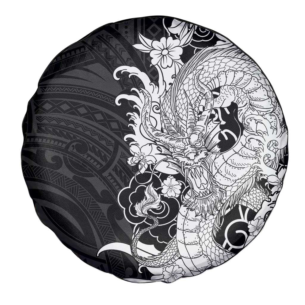 Hawaiian And Japanese Culture Spare Tire Cover Irezumi Dragon With Polynesian Pattern Black LT05 - Polynesian Pride