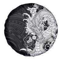 Hawaiian And Japanese Culture Spare Tire Cover Irezumi Dragon With Polynesian Pattern Black LT05 - Polynesian Pride
