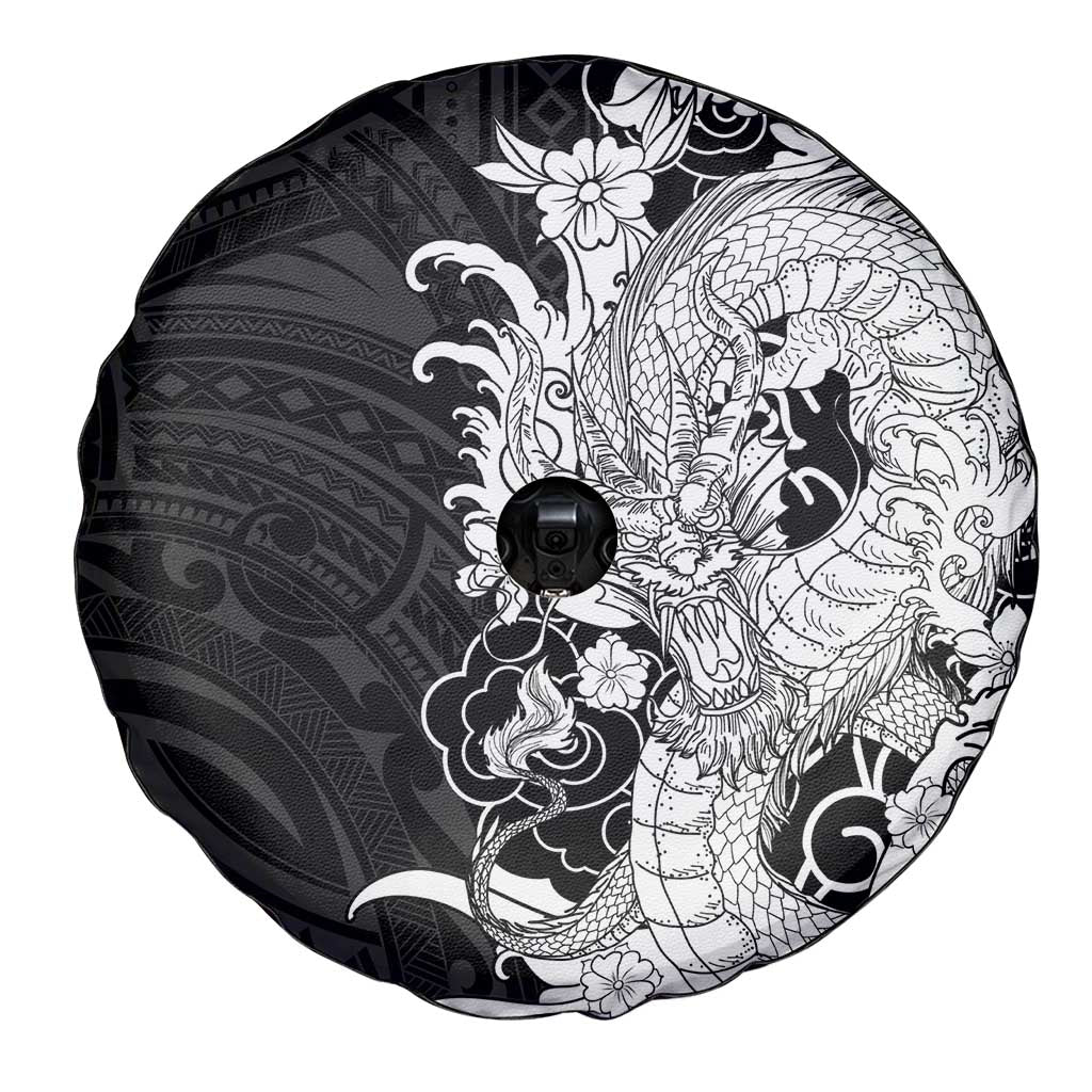 Hawaiian And Japanese Culture Spare Tire Cover Irezumi Dragon With Polynesian Pattern Black LT05 - Polynesian Pride
