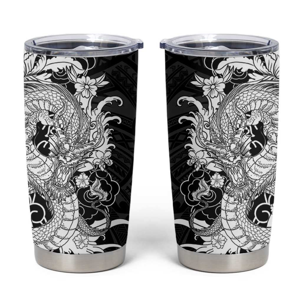 Hawaiian And Japanese Culture Tumbler Cup Irezumi Dragon With Polynesian Pattern Black LT05 Black - Polynesian Pride