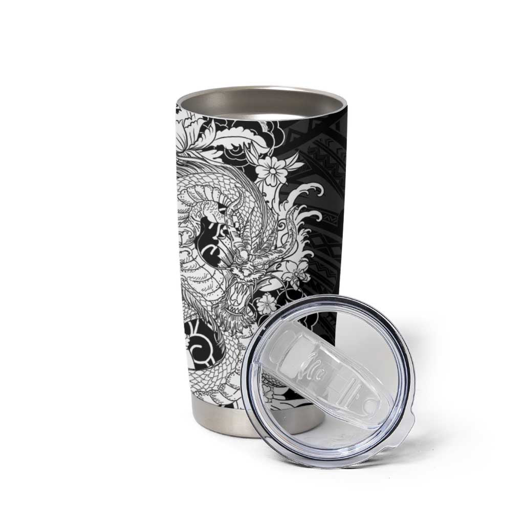 Hawaiian And Japanese Culture Tumbler Cup Irezumi Dragon With Polynesian Pattern Black LT05 - Polynesian Pride