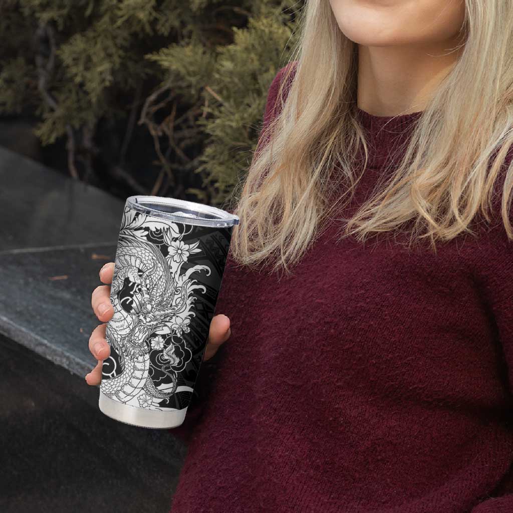 Hawaiian And Japanese Culture Tumbler Cup Irezumi Dragon With Polynesian Pattern Black LT05 - Polynesian Pride