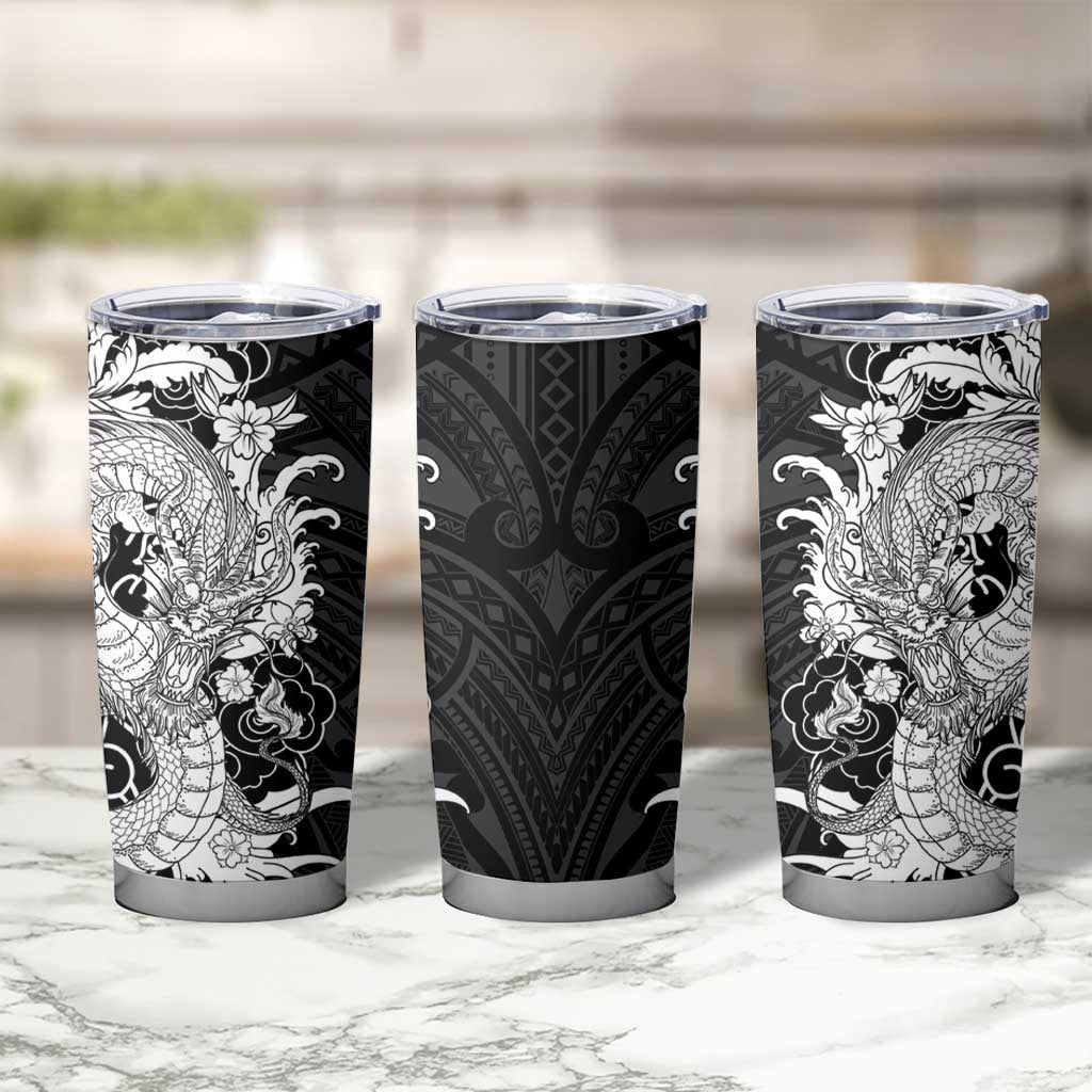 Hawaiian And Japanese Culture Tumbler Cup Irezumi Dragon With Polynesian Pattern Black LT05 - Polynesian Pride