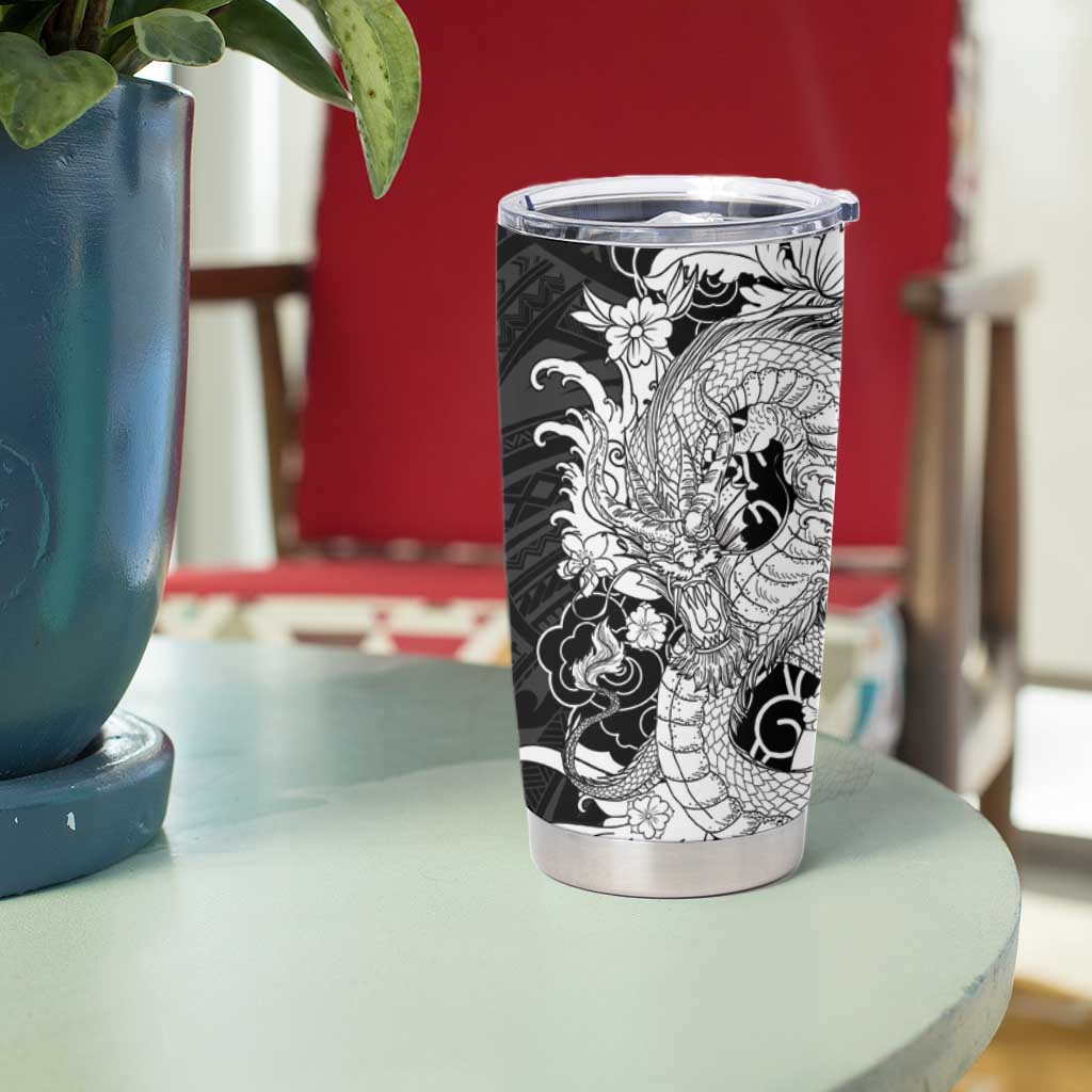 Hawaiian And Japanese Culture Tumbler Cup Irezumi Dragon With Polynesian Pattern Black LT05 - Polynesian Pride