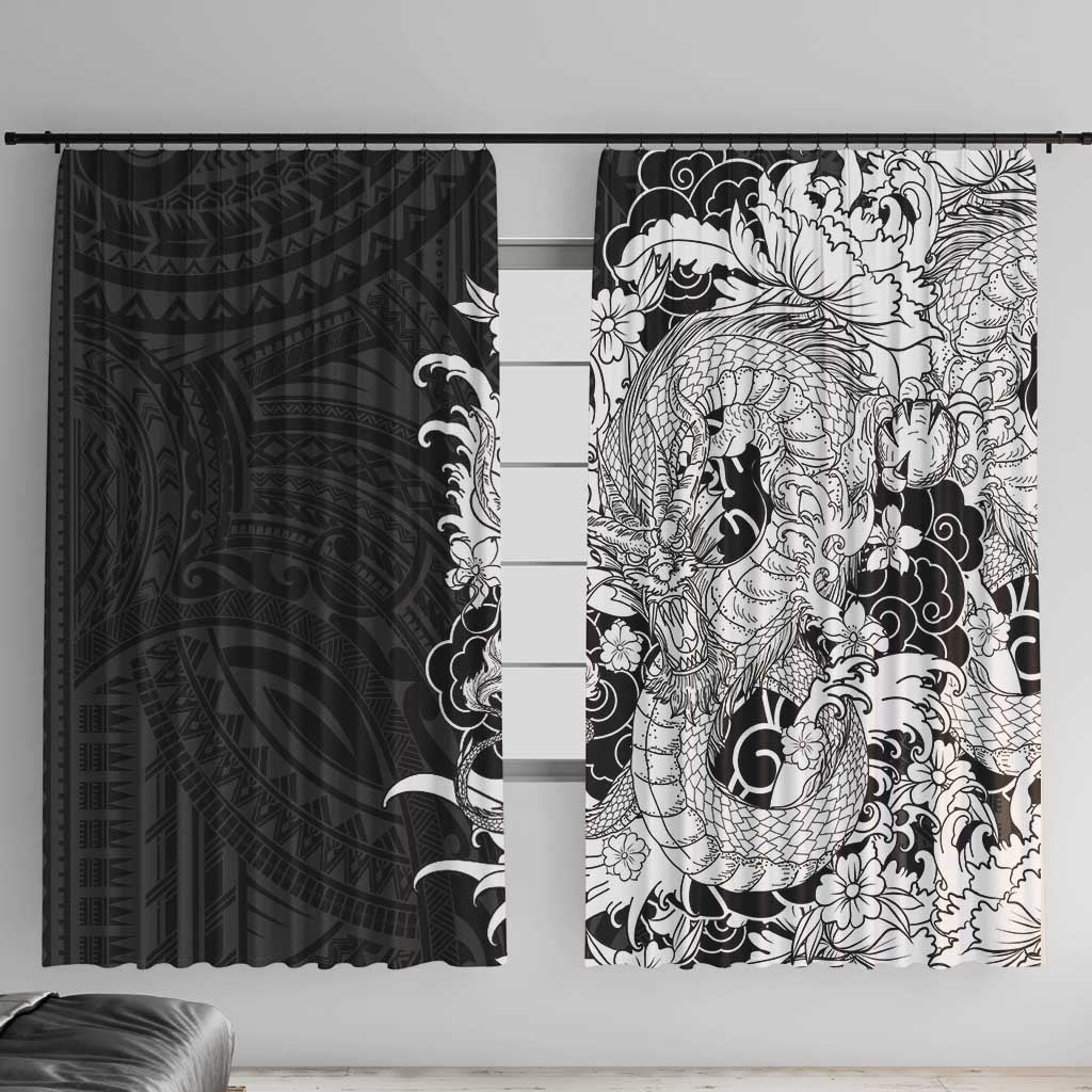 Hawaiian And Japanese Culture Window Curtain Irezumi Dragon With Polynesian Pattern Black LT05 With Hooks Black - Polynesian Pride