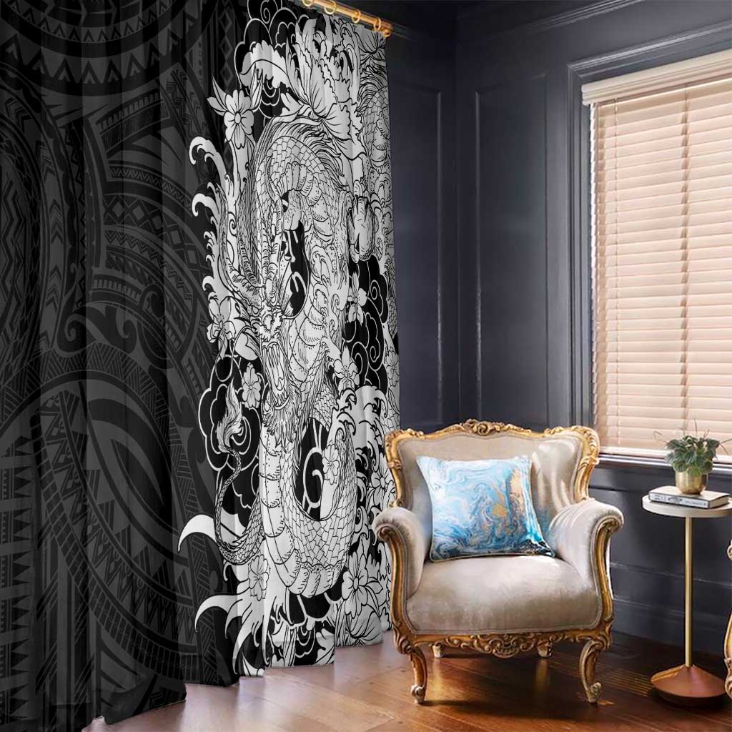 Hawaiian And Japanese Culture Window Curtain Irezumi Dragon With Polynesian Pattern Black LT05 - Polynesian Pride