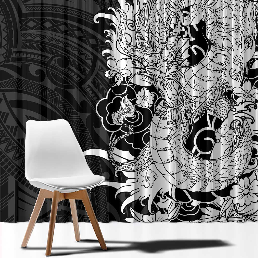 Hawaiian And Japanese Culture Window Curtain Irezumi Dragon With Polynesian Pattern Black LT05 - Polynesian Pride
