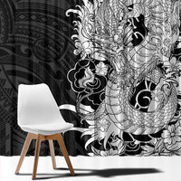 Hawaiian And Japanese Culture Window Curtain Irezumi Dragon With Polynesian Pattern Black LT05 - Polynesian Pride