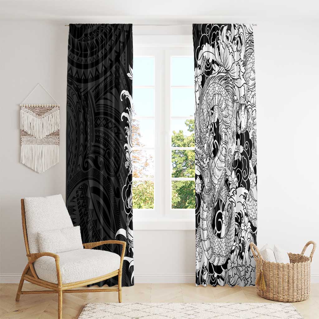 Hawaiian And Japanese Culture Window Curtain Irezumi Dragon With Polynesian Pattern Black LT05 - Polynesian Pride