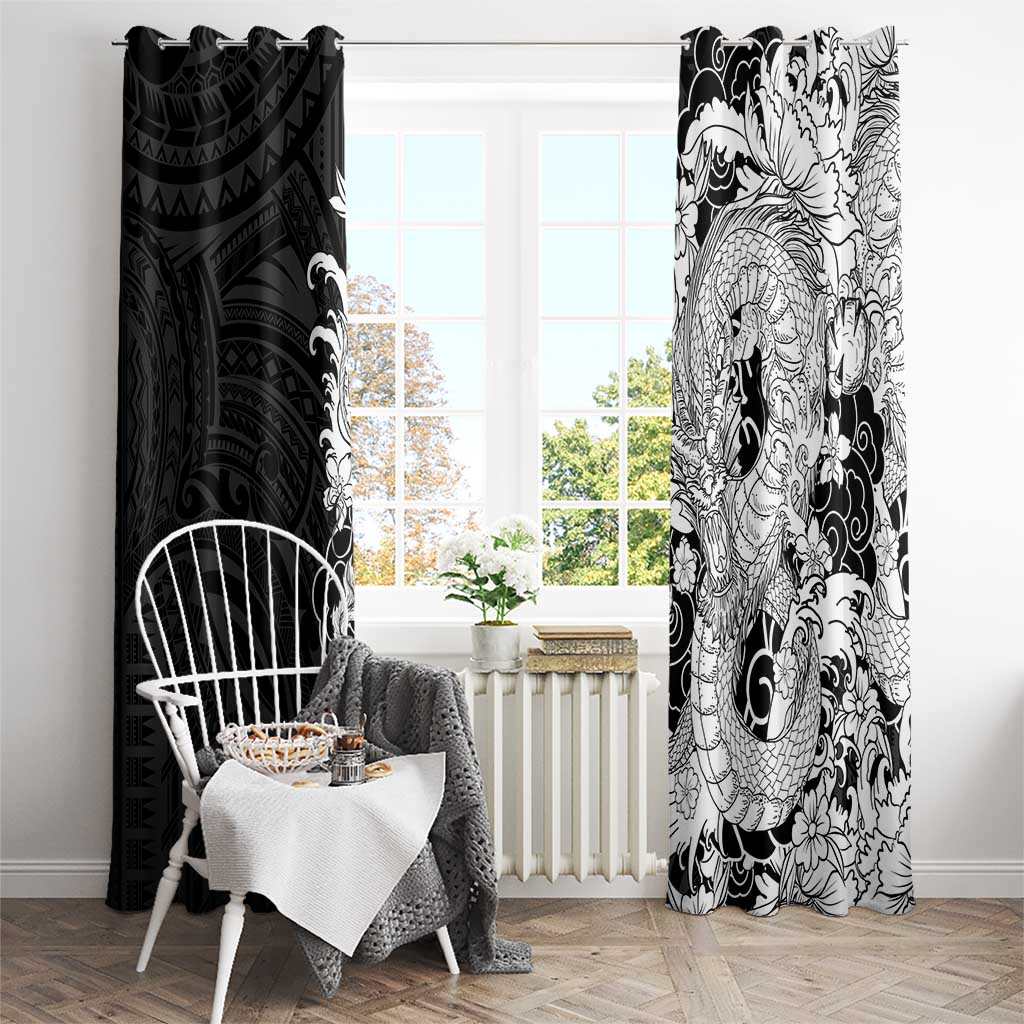 Hawaiian And Japanese Culture Window Curtain Irezumi Dragon With Polynesian Pattern Black LT05 - Polynesian Pride