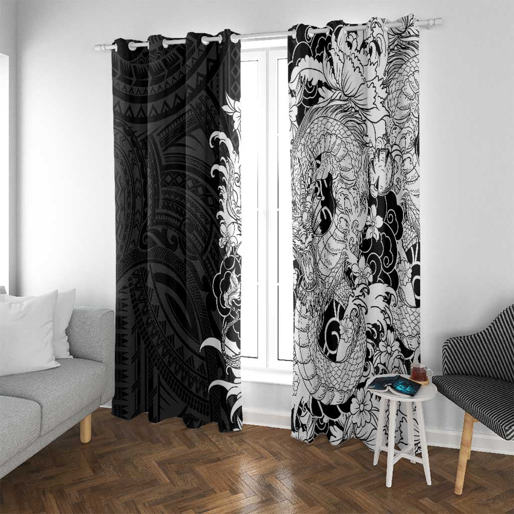 Hawaiian And Japanese Culture Window Curtain Irezumi Dragon With Polynesian Pattern Black LT05 With Grommets Black - Polynesian Pride