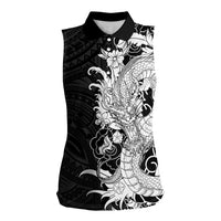 Hawaiian And Japanese Culture Women Sleeveless Polo Shirt Irezumi Dragon With Polynesian Pattern Black LT05 Female Black - Polynesian Pride