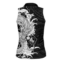 Hawaiian And Japanese Culture Women Sleeveless Polo Shirt Irezumi Dragon With Polynesian Pattern Black LT05 - Polynesian Pride