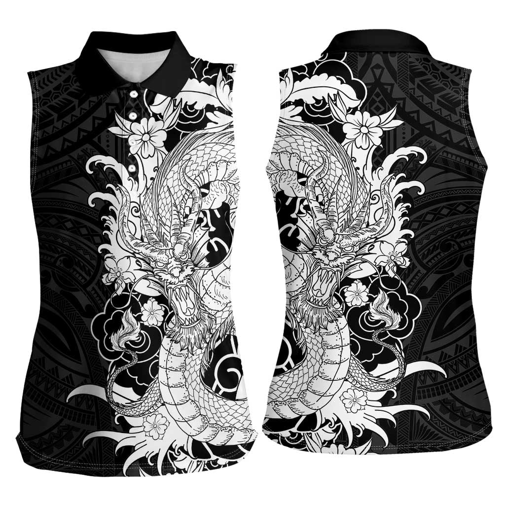 Hawaiian And Japanese Culture Women Sleeveless Polo Shirt Irezumi Dragon With Polynesian Pattern Black LT05 - Polynesian Pride