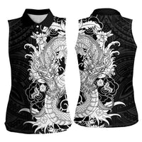 Hawaiian And Japanese Culture Women Sleeveless Polo Shirt Irezumi Dragon With Polynesian Pattern Black LT05 - Polynesian Pride