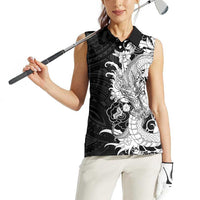 Hawaiian And Japanese Culture Women Sleeveless Polo Shirt Irezumi Dragon With Polynesian Pattern Black LT05 - Polynesian Pride