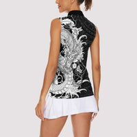 Hawaiian And Japanese Culture Women Sleeveless Polo Shirt Irezumi Dragon With Polynesian Pattern Black LT05 - Polynesian Pride