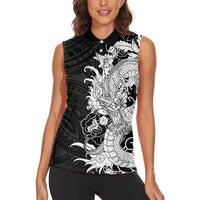 Hawaiian And Japanese Culture Women Sleeveless Polo Shirt Irezumi Dragon With Polynesian Pattern Black LT05 - Polynesian Pride