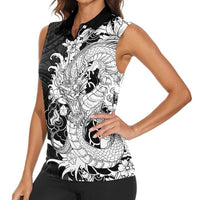 Hawaiian And Japanese Culture Women Sleeveless Polo Shirt Irezumi Dragon With Polynesian Pattern Black LT05 - Polynesian Pride