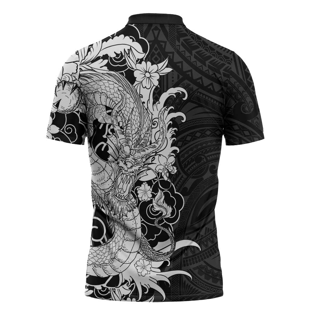 Hawaiian And Japanese Culture Zipper Polo Shirt Irezumi Dragon With Polynesian Pattern Black - Polynesian Pride
