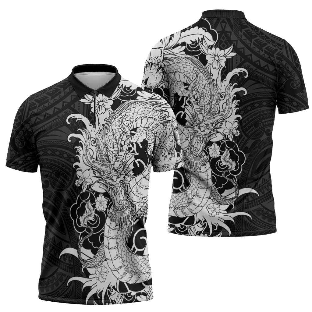 Hawaiian And Japanese Culture Zipper Polo Shirt Irezumi Dragon With Polynesian Pattern Black - Polynesian Pride