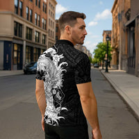 Hawaiian And Japanese Culture Zipper Polo Shirt Irezumi Dragon With Polynesian Pattern Black - Polynesian Pride