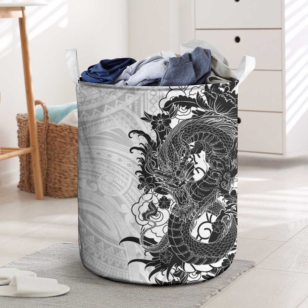 Hawaiian And Japanese Culture Laundry Basket Irezumi Dragon With Polynesian Pattern White LT05 White - Polynesian Pride