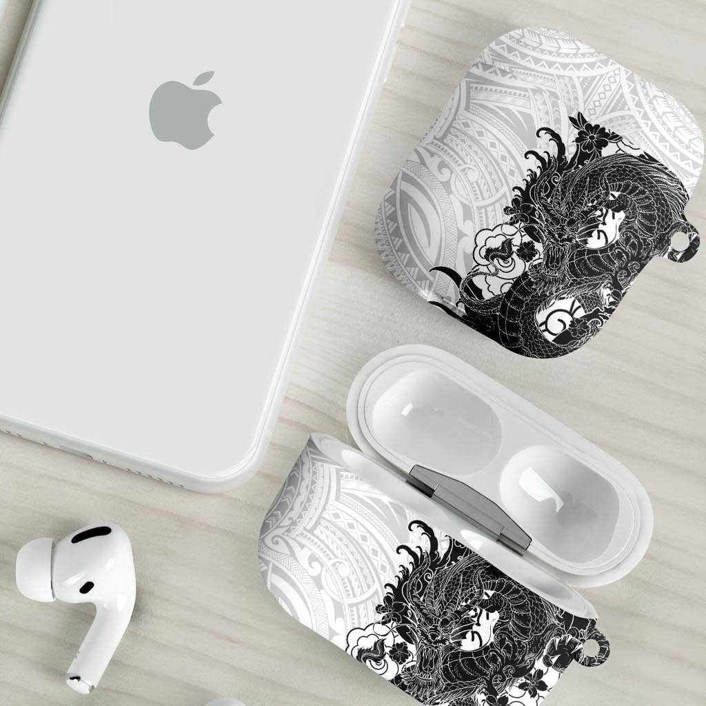 Hawaiian And Japanese Culture AirPods Case Irezumi Dragon With Polynesian Pattern White LT05 - Polynesian Pride