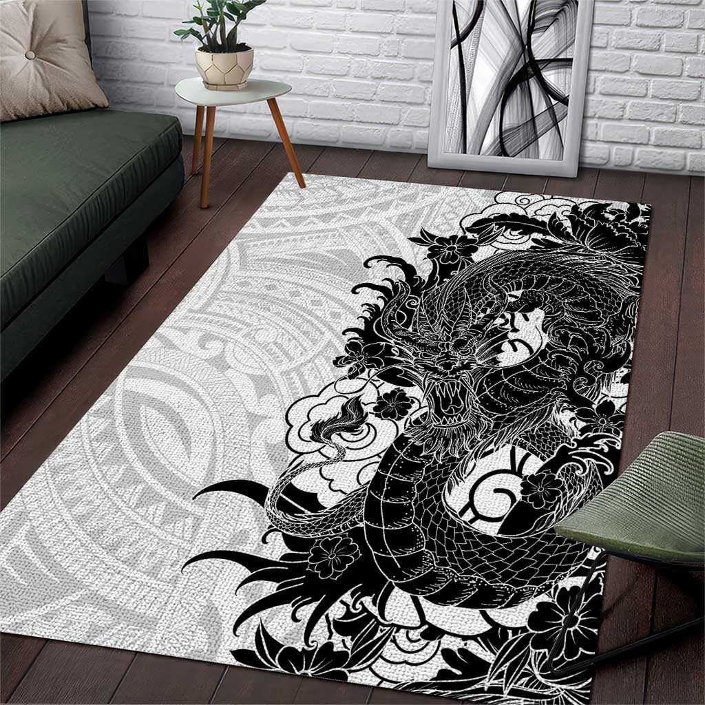 Hawaiian And Japanese Culture Area Rug Irezumi Dragon With Polynesian Pattern White LT05 White - Polynesian Pride