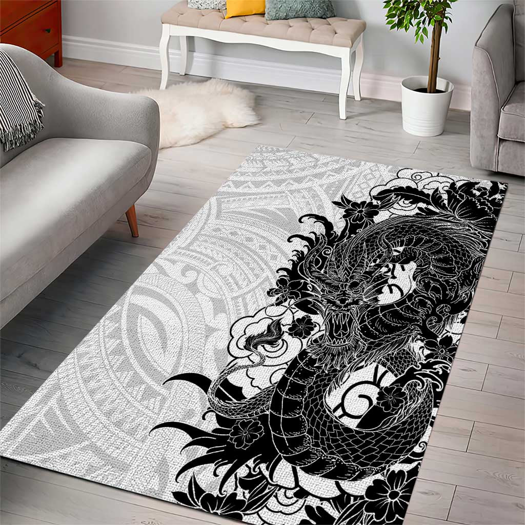 Hawaiian And Japanese Culture Area Rug Irezumi Dragon With Polynesian Pattern White LT05 - Polynesian Pride