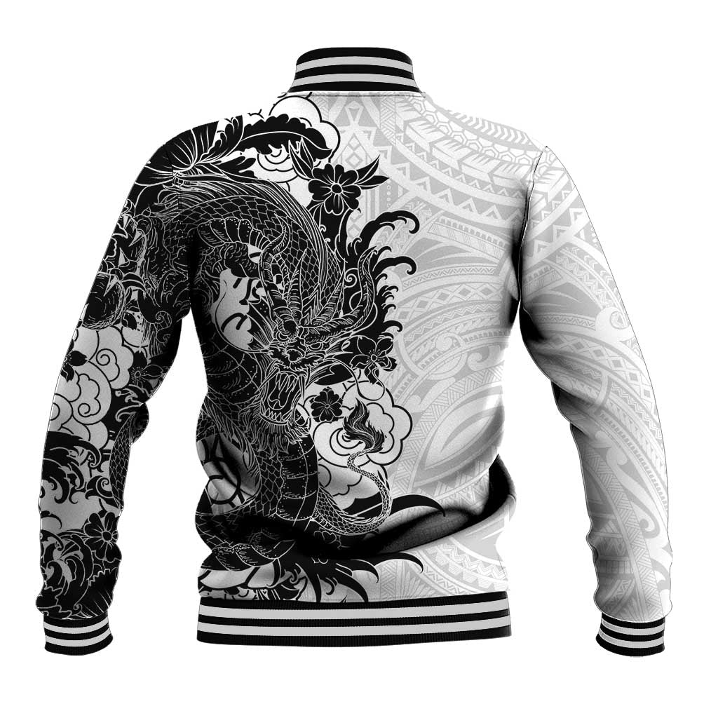 Hawaiian And Japanese Culture Baseball Jacket Irezumi Dragon With Polynesian Pattern White LT05 - Polynesian Pride