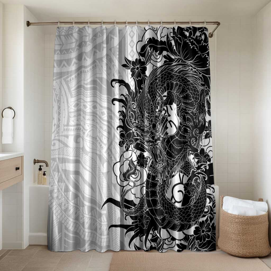Hawaiian And Japanese Culture Bathroom Set Irezumi Dragon With Polynesian Pattern White LT05 Shower Curtain Only White - Polynesian Pride