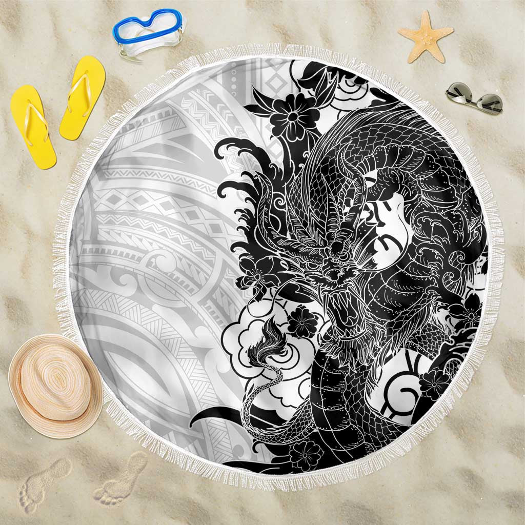 Hawaiian And Japanese Culture Beach Blanket Irezumi Dragon With Polynesian Pattern White LT05 One Size 150cm White - Polynesian Pride