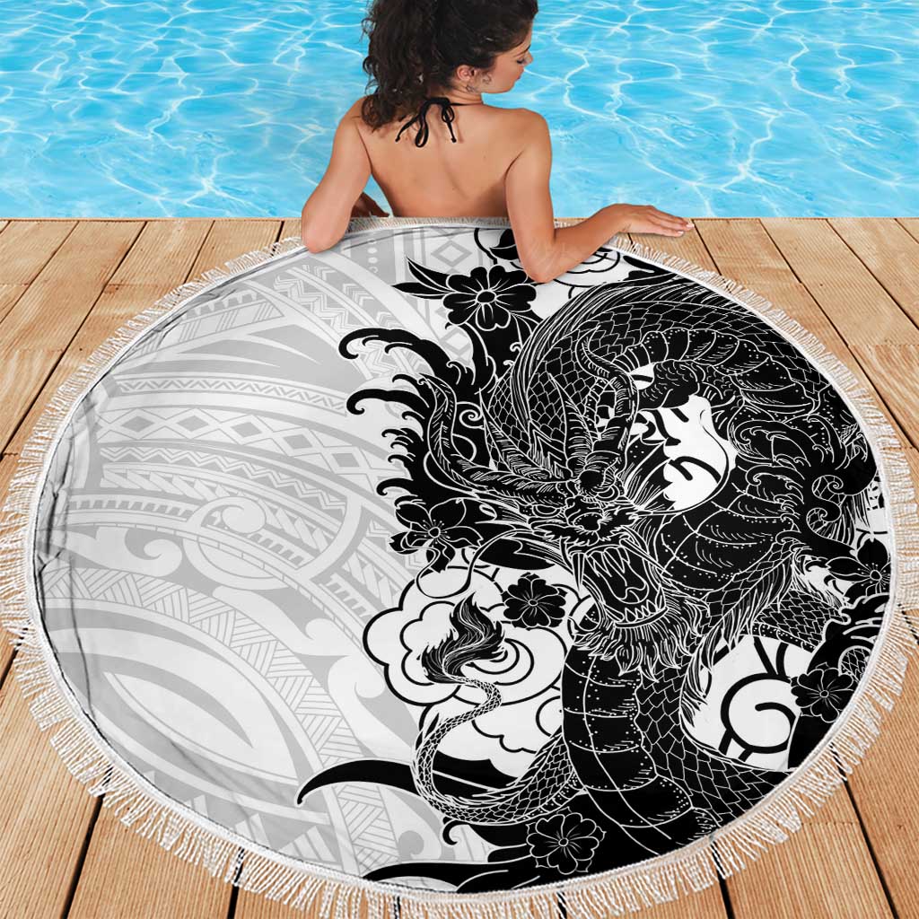 Hawaiian And Japanese Culture Beach Blanket Irezumi Dragon With Polynesian Pattern White LT05 - Polynesian Pride
