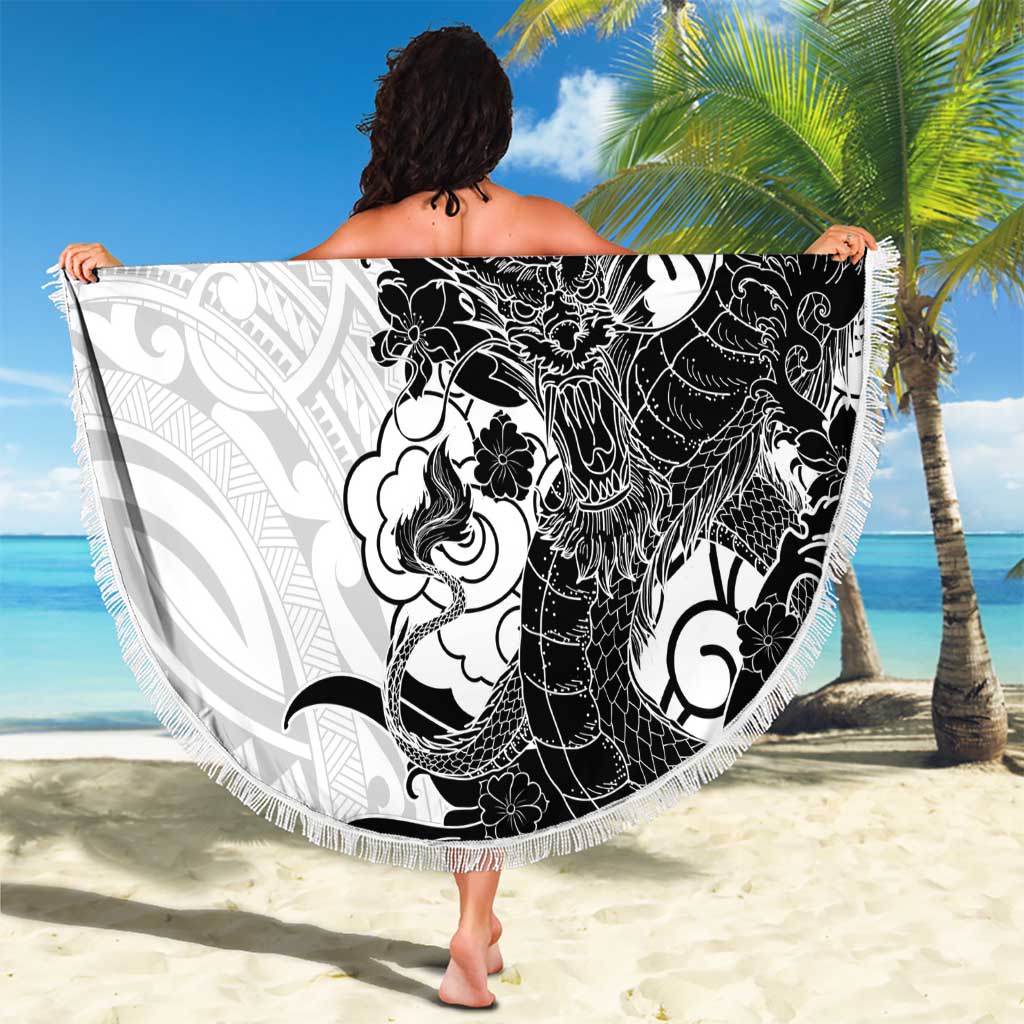 Hawaiian And Japanese Culture Beach Blanket Irezumi Dragon With Polynesian Pattern White LT05 - Polynesian Pride