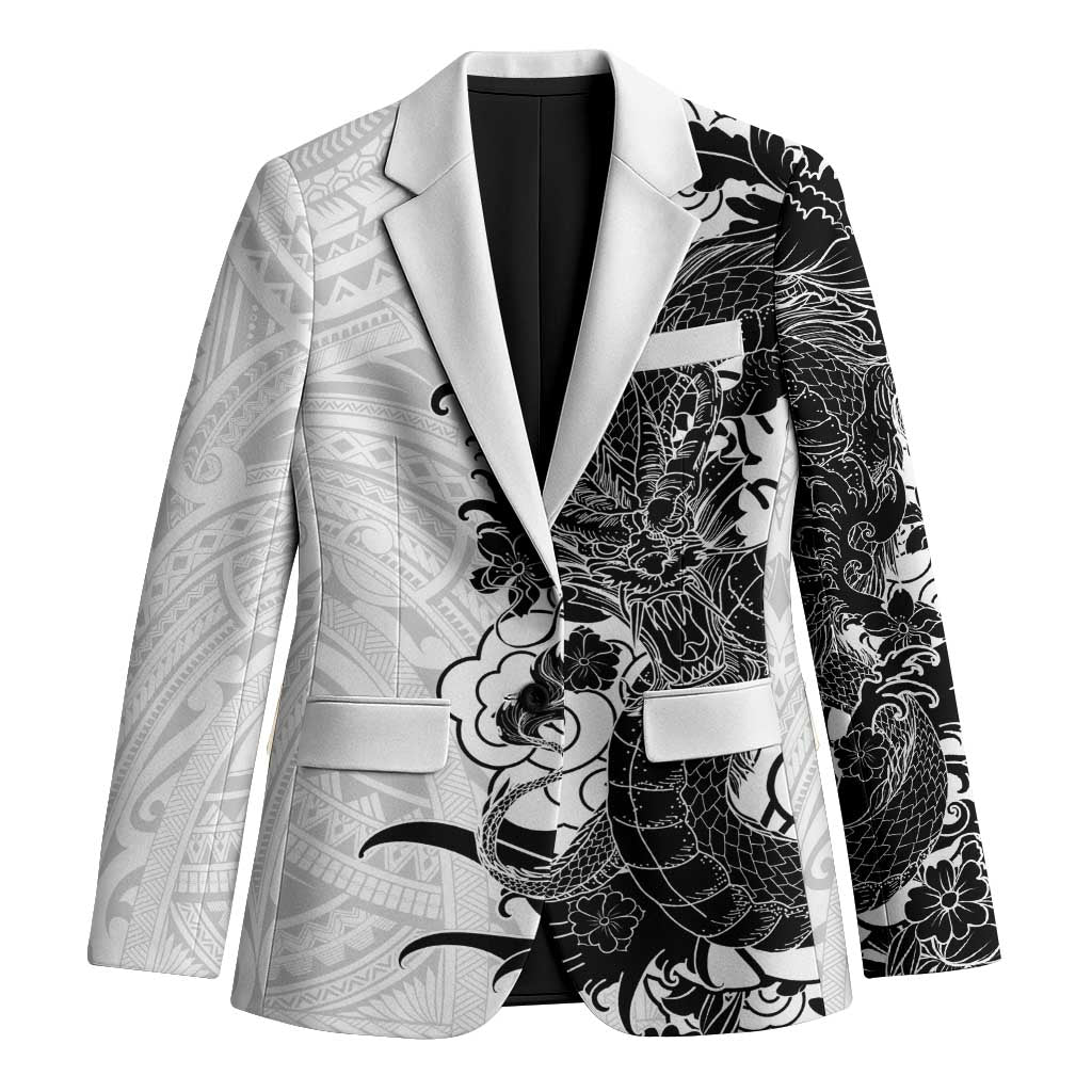 Hawaiian And Japanese Culture Blazer Irezumi Dragon With Polynesian Pattern White LT05 Unisex White - Polynesian Pride