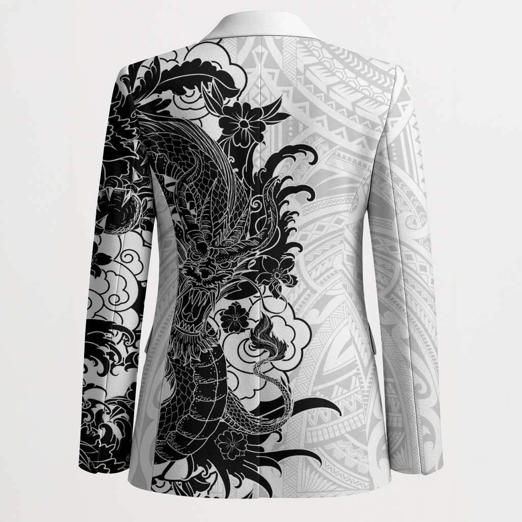 Hawaiian And Japanese Culture Blazer Irezumi Dragon With Polynesian Pattern White LT05 - Polynesian Pride