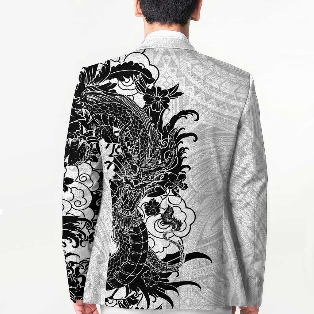 Hawaiian And Japanese Culture Blazer Irezumi Dragon With Polynesian Pattern White LT05 - Polynesian Pride