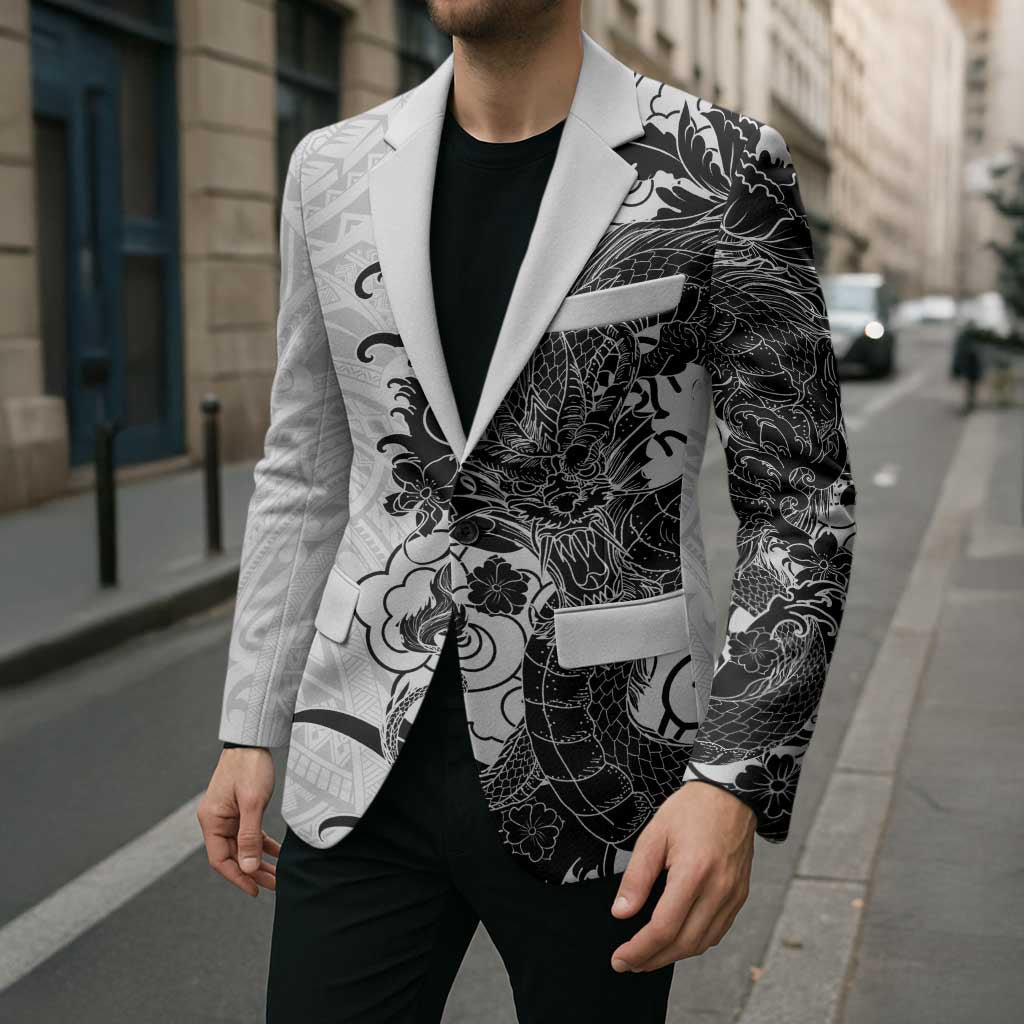 Hawaiian And Japanese Culture Blazer Irezumi Dragon With Polynesian Pattern White LT05 - Polynesian Pride