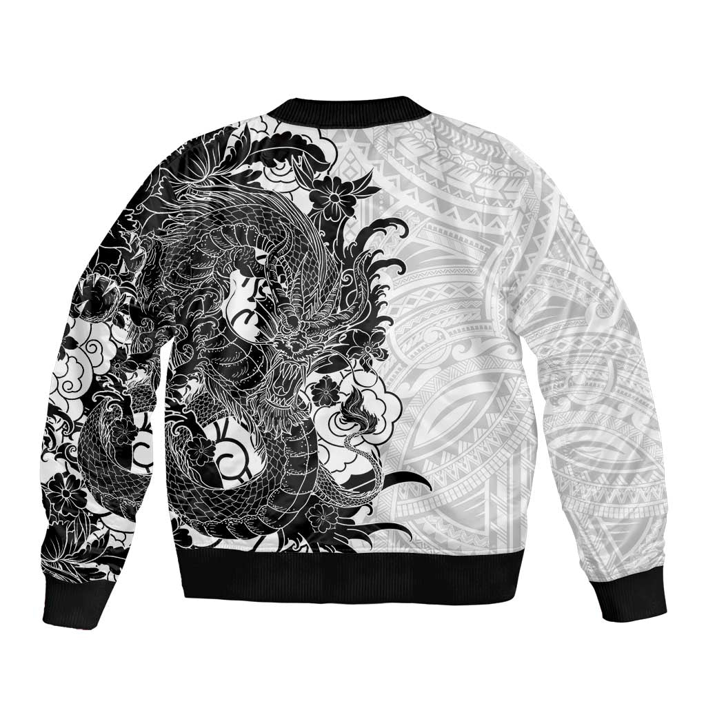 Hawaiian And Japanese Culture Bomber Jacket Irezumi Dragon With Polynesian Pattern White LT05 - Polynesian Pride