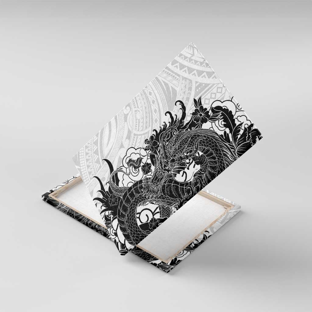 Hawaiian And Japanese Culture Canvas Wall Art Irezumi Dragon With Polynesian Pattern White LT05 With Frame White - Polynesian Pride