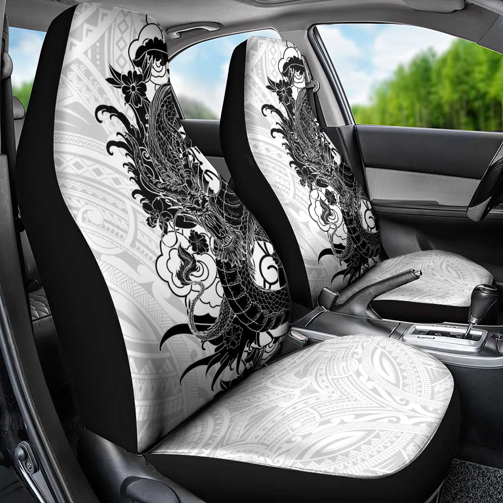 Hawaiian And Japanese Culture Car Seat Cover Irezumi Dragon With Polynesian Pattern White LT05 - Polynesian Pride