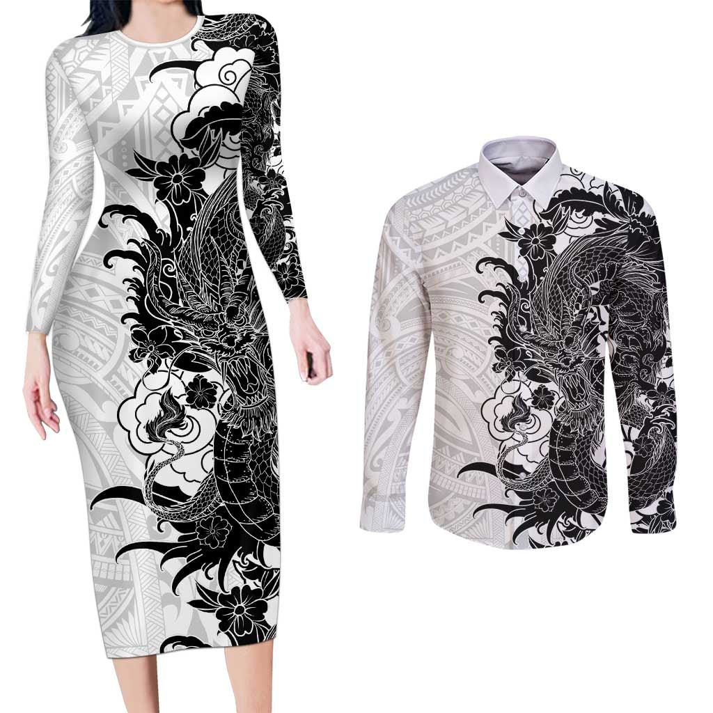 Hawaiian And Japanese Culture Couples Matching Long Sleeve Bodycon Dress and Long Sleeve Button Shirt Irezumi Dragon With Polynesian Pattern White LT05 White - Polynesian Pride